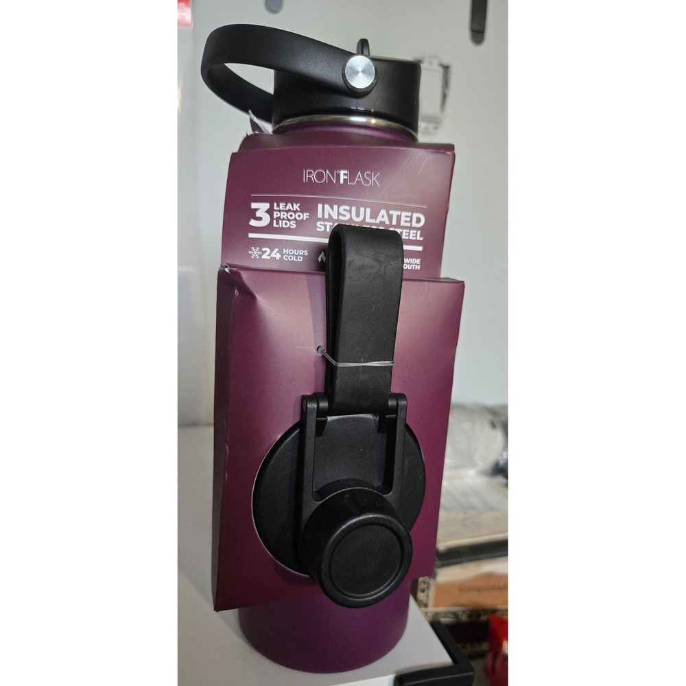 Iron Flask 40oz Insulated Stainles Steel Water Bottle Burgundy 3 Lids Wide Mouth